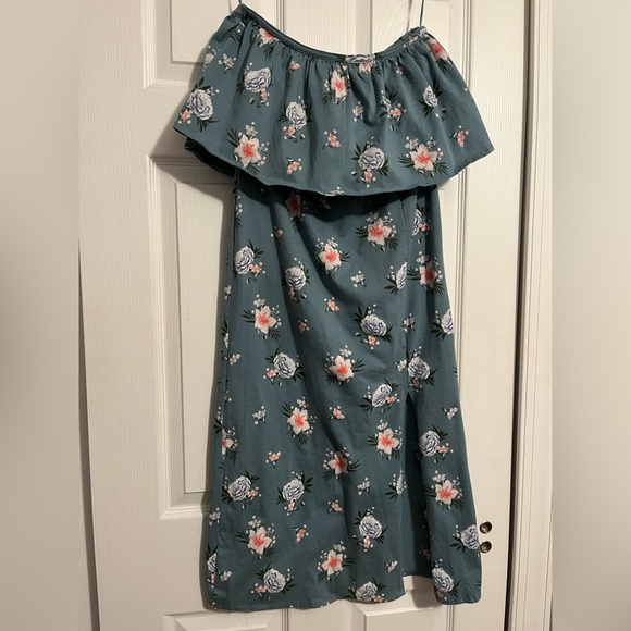 O’Neill ~ Green Floral Strapless Dress Front Side Slit Women’s Size Medium - Picture 2 of 5